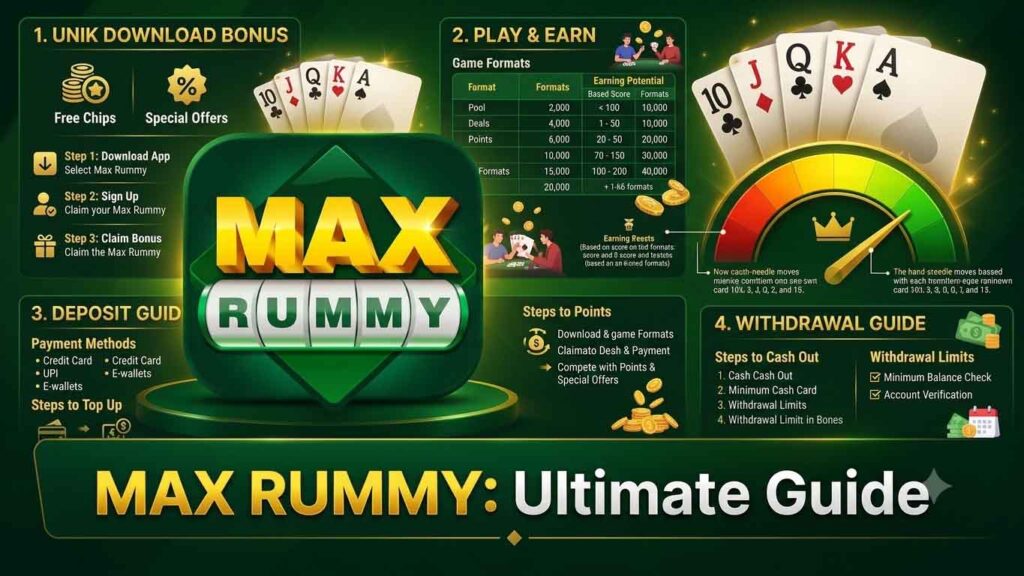 Max Rummy ek exclusive online game hai jahan aapko 36+ free games ka collection milta hai. Isme aap Yono Rummy, Slots, aur Lucky Spin jaise mazedaar games ek sath khel sakte hain. Bas apne pasand ka game chunen, use discover karen, aur khelkar real cash rewards jeeten.